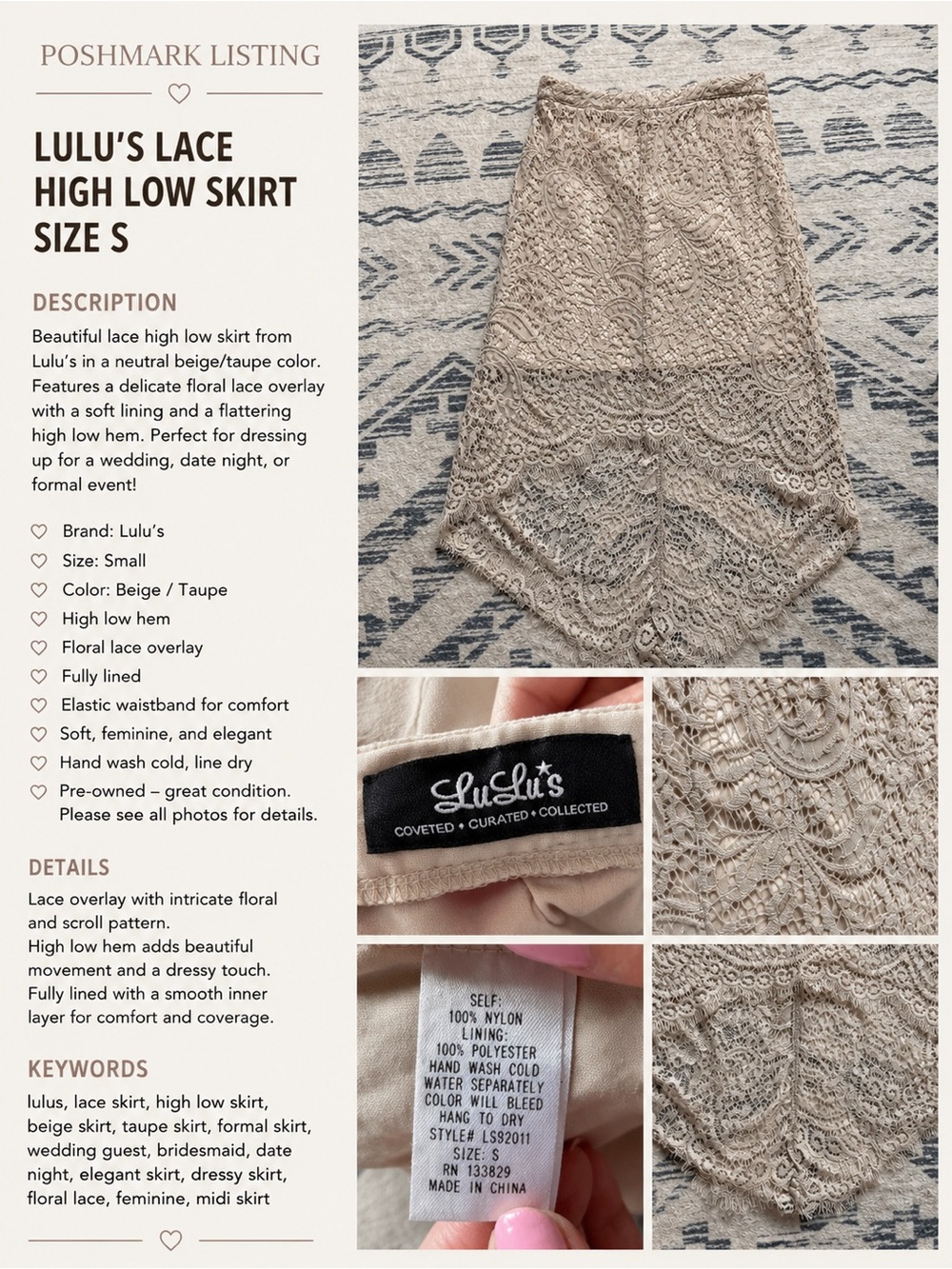 Lulu's Taupe Lace High-Low Skirt. Size S
